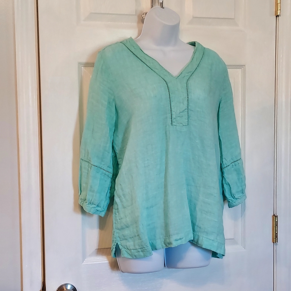 Joie 100% Linen Green Tunic Top Medium Beachy Boho Lagenlook